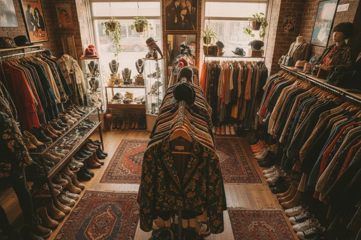 An assortment of clothing and accessories in a secondhand store, including a prominent vintage blazer.