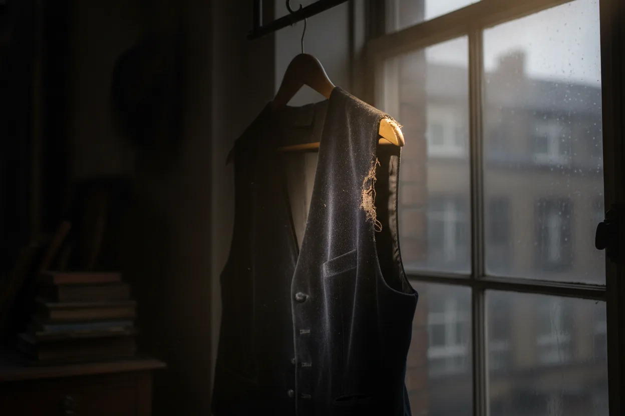 A velvet vest hanging near a window with a faded shoulder and visible wear.