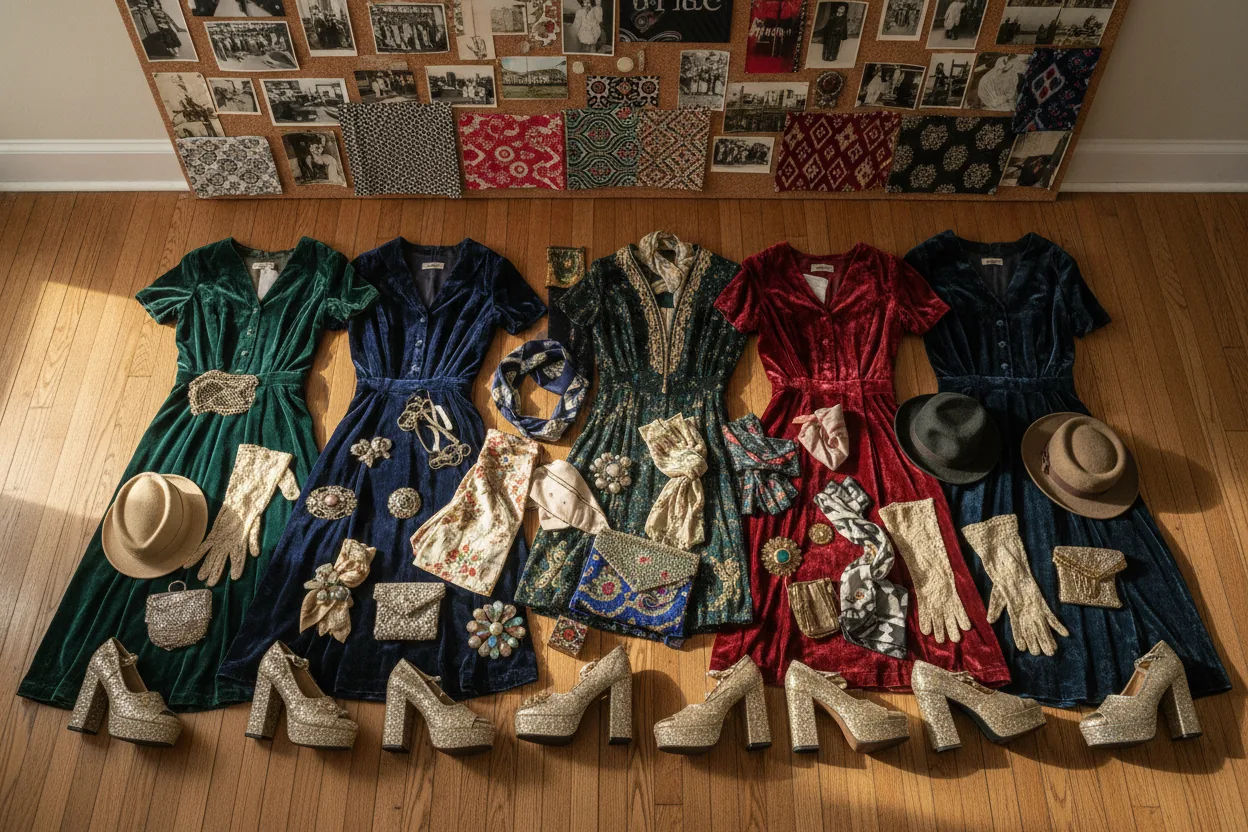 Overhead shot of a collage of vintage clothing and accessories on a wooden floor, with patterns and photos in the background.