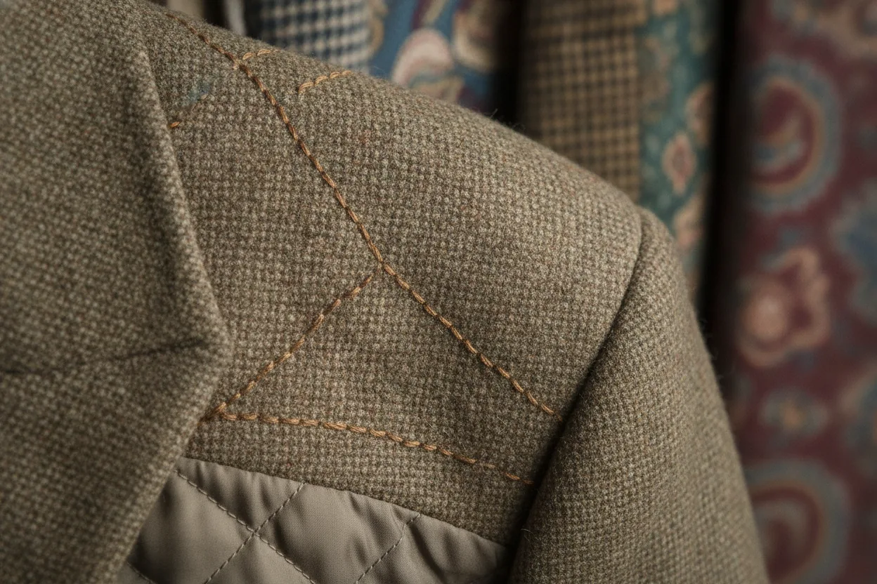 Close-up detail of a shoulder pad on a vintage blazer, highlighting the fabric texture and stitching.