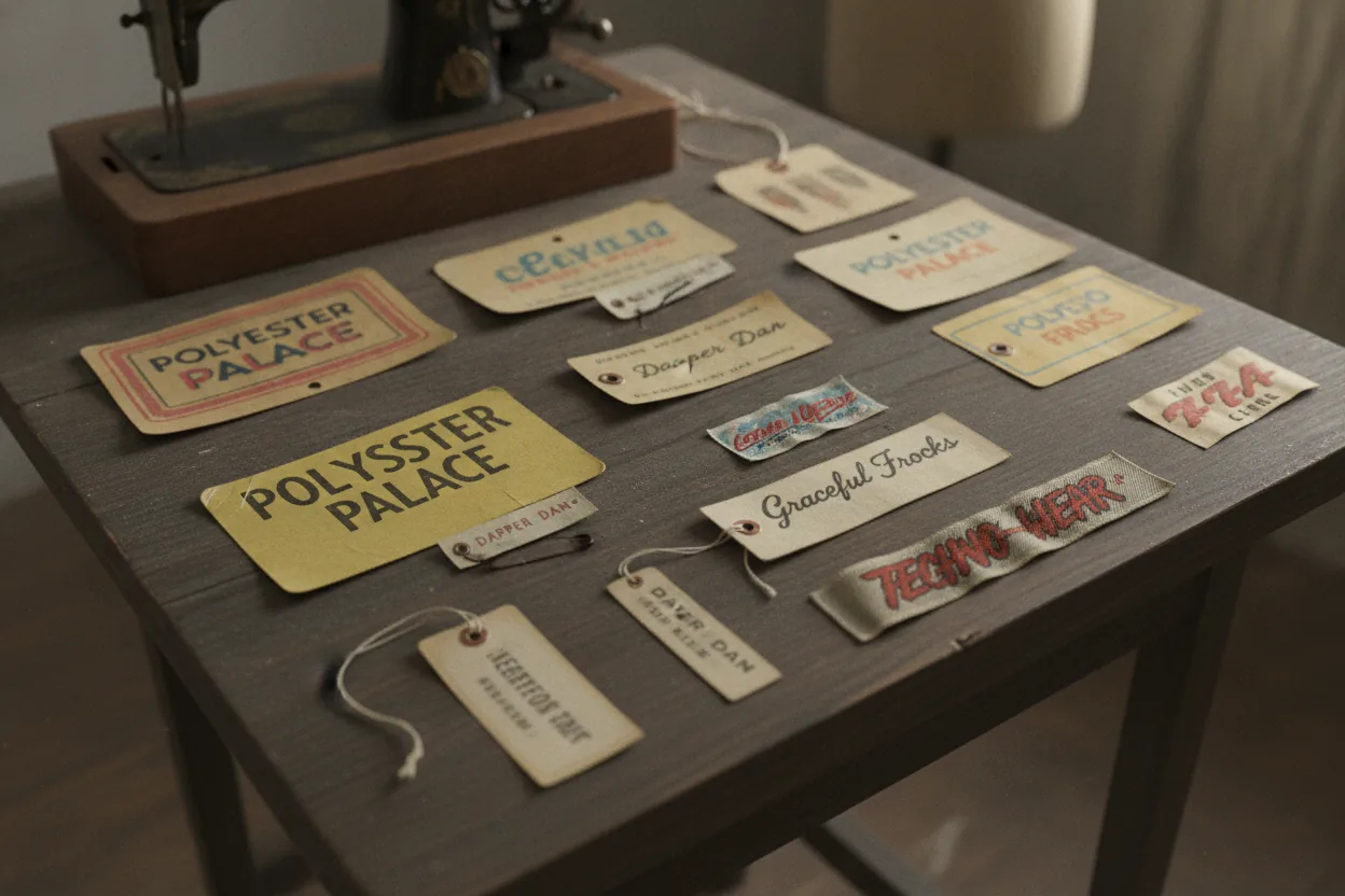 A variety of vintage clothing tags placed on a wooden table, displaying different fonts and materials.