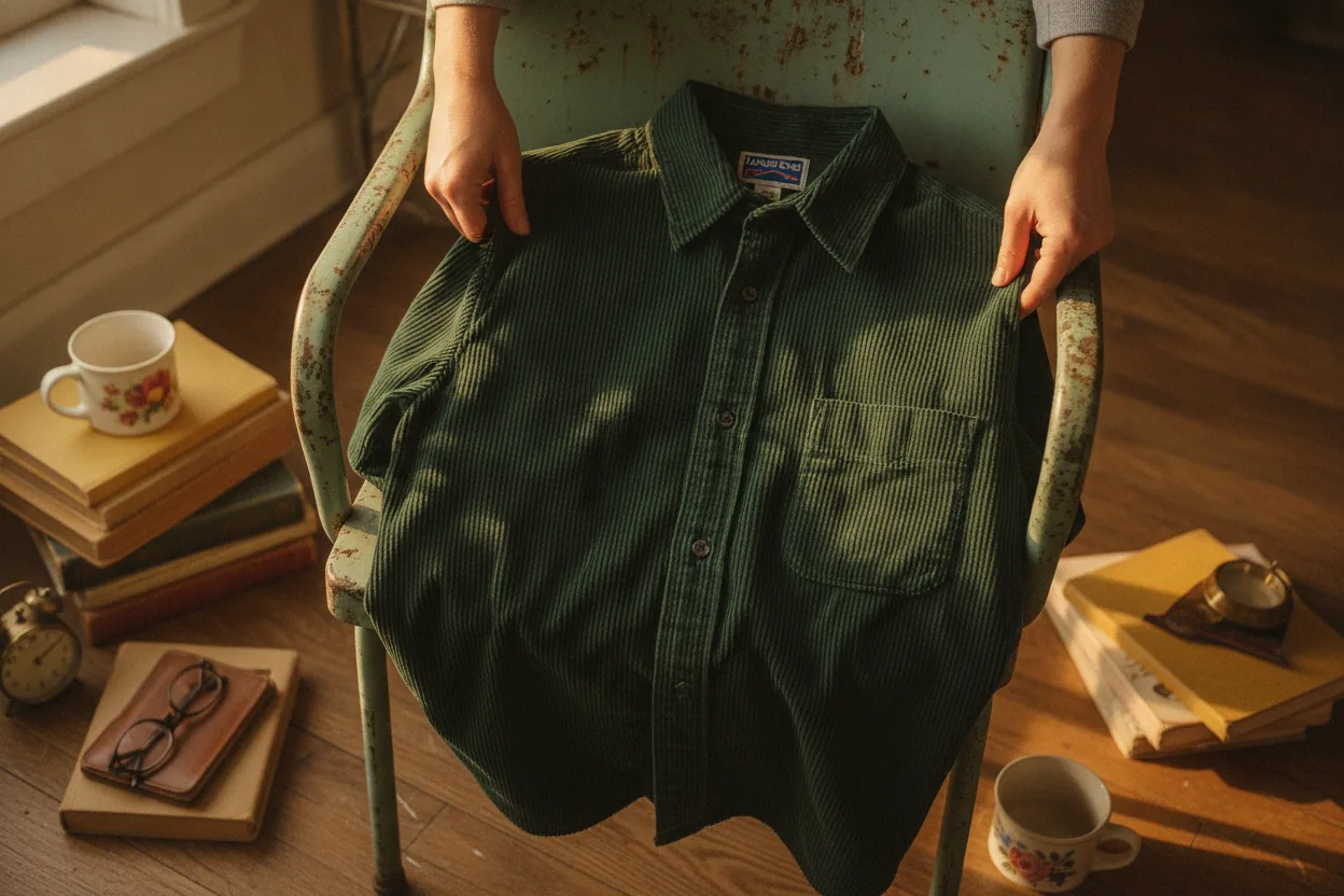 A person holding a brown corduroy shirt with a Lands' End label in a cozy, vintage setting.