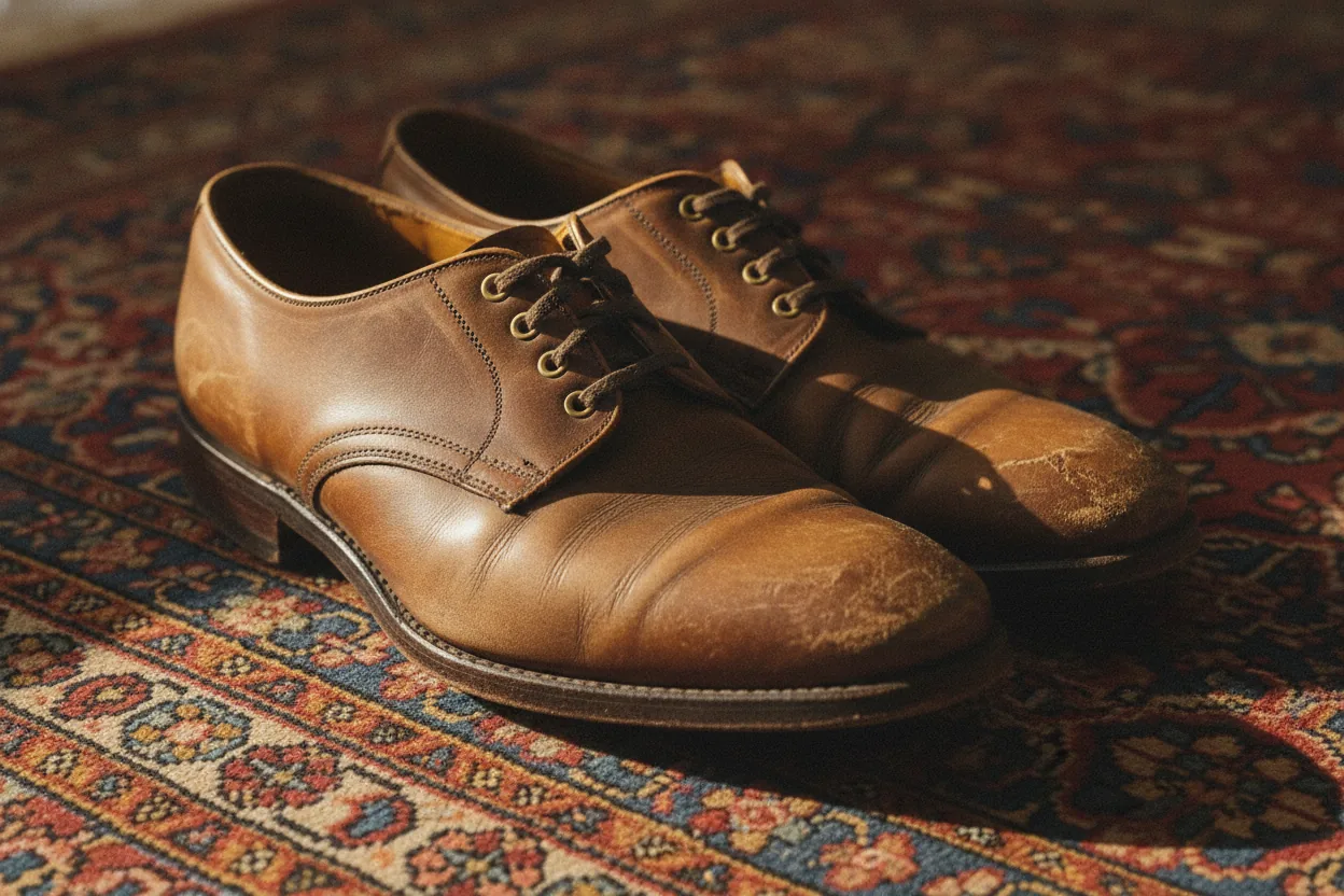 A close-up of worn leather shoes on a vintage rug, showing the patina and wear.