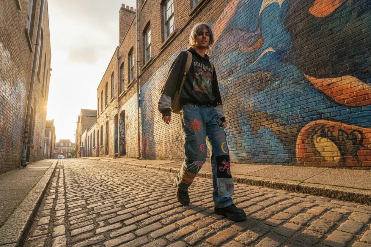 A person wearing visibly mended pants walks through a colorful urban street in the evening light.