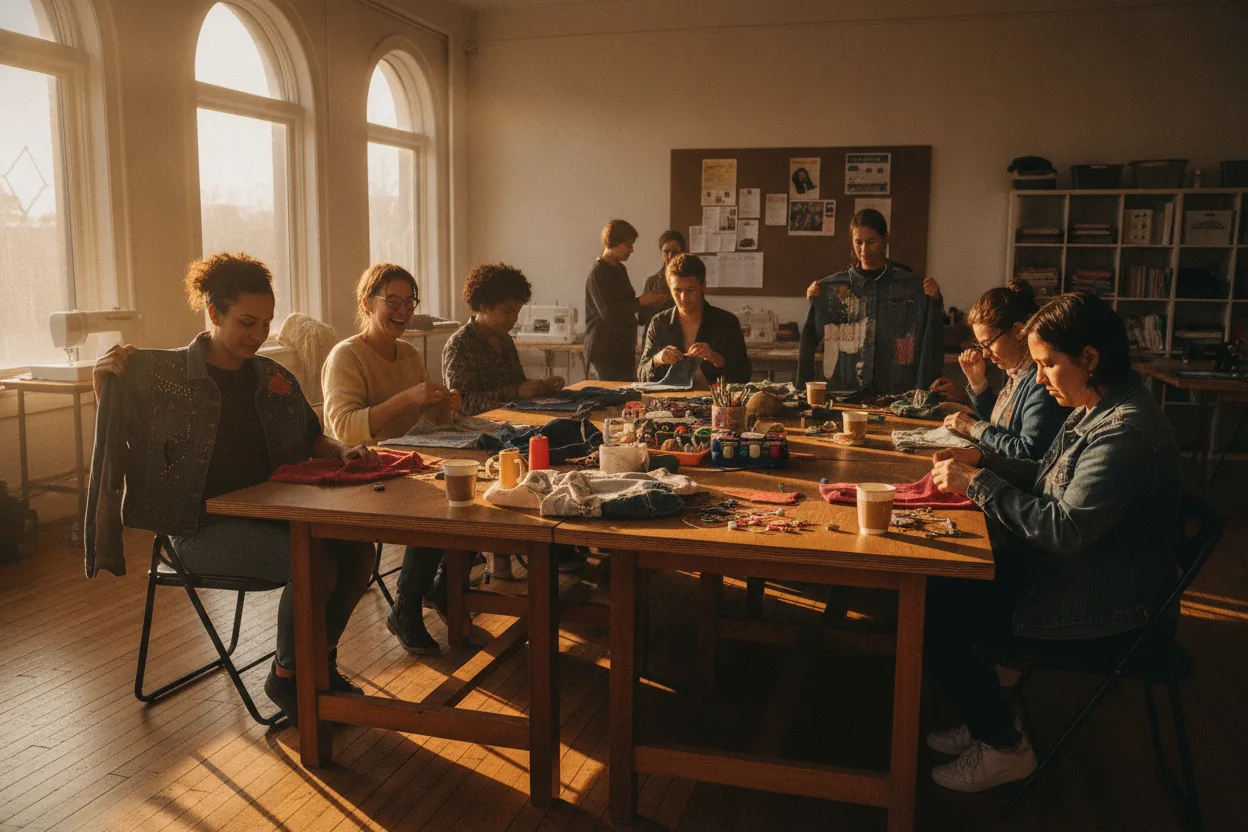 A medium shot of people at tables sewing clothes in a community space, with hand-sewn patches visible.